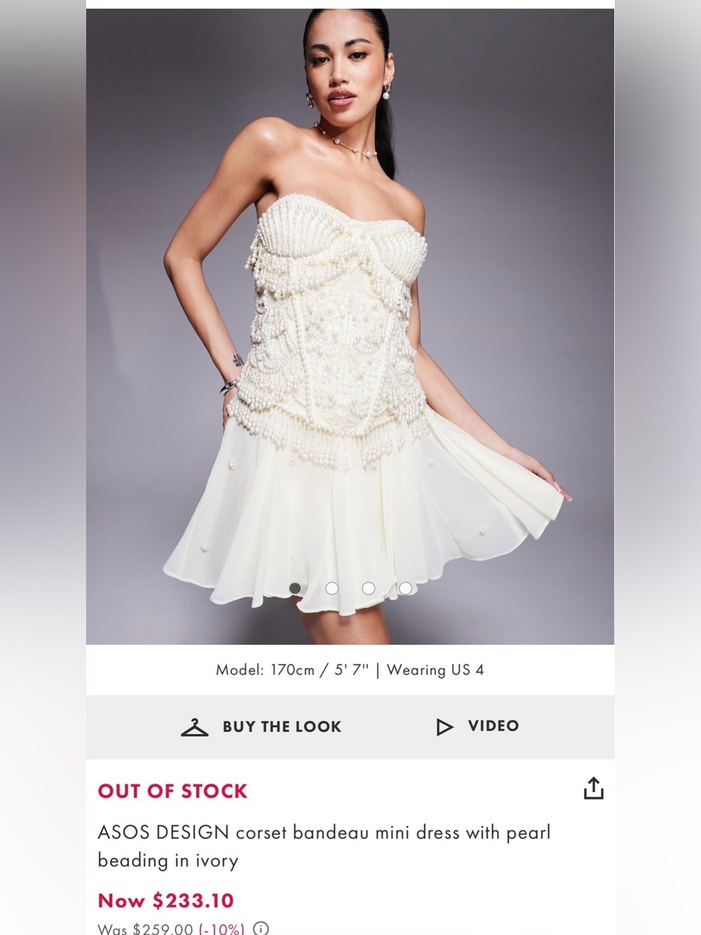 ASOS Pearl-Beaded Strapless Bandeau Mini Dress in Ivory size Large 10